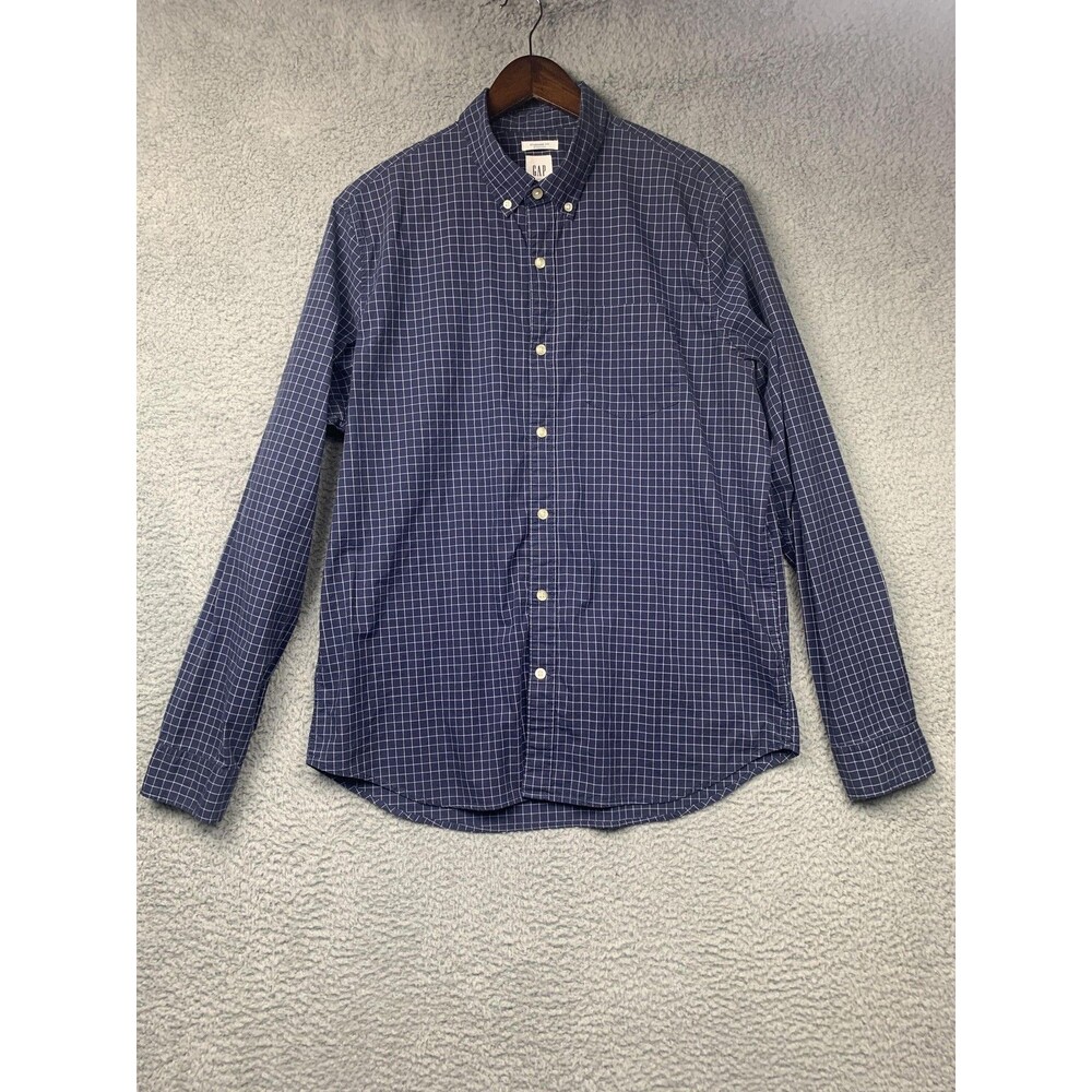 GAP Shirt Mens Large Blue Windowpane Check Standard Fit Stretch Long Sleeve